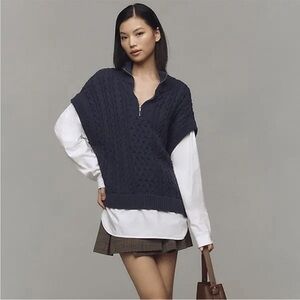 Pilcro Chunky Cable-Knit Twofer Sweater Navy Cap Sleeves 100% Cotton Oversized L